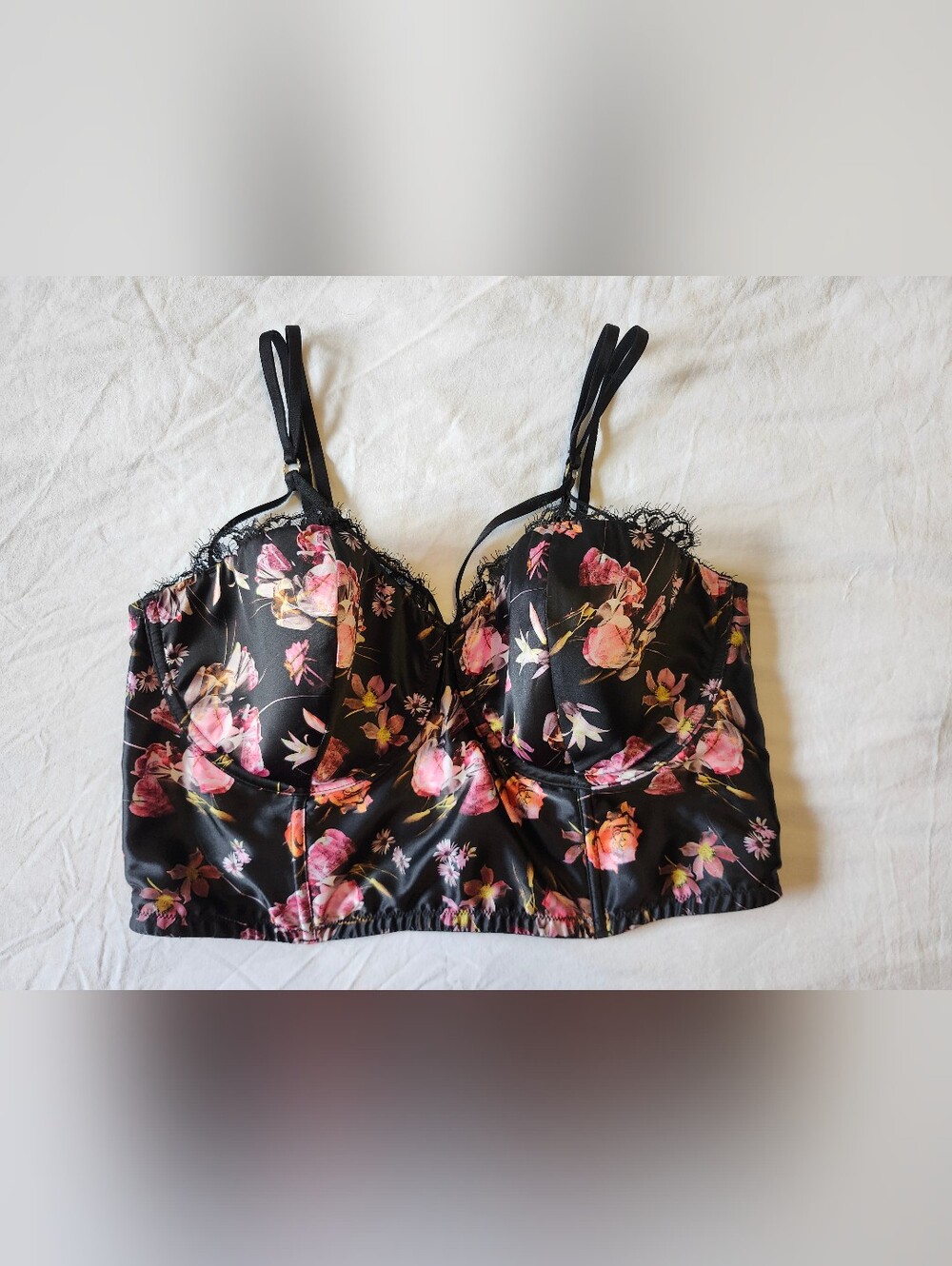 Victoria's Secret Black Bustier Bralette with Pink Floral Print